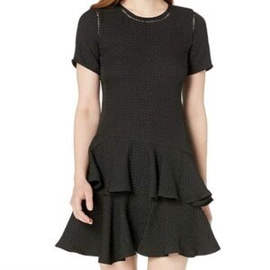 Rebecca Taylor Textured Jacquard Ruffle Tiered Mini Dress Black 6